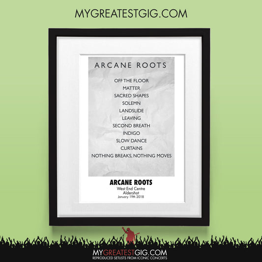 Arcane Roots - Aldershot - Jan 19th 2018 Recreated Set List Poster