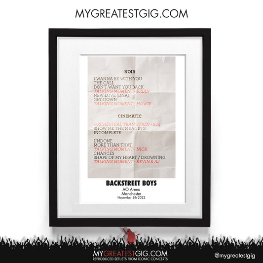Backstreet Boys - Manchester - Nov 8th 2022 Recreated Setlist Poster