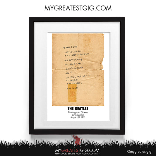 The Beatles - Birmingham - Aug 15th 1965 Recreated Set List Poster
