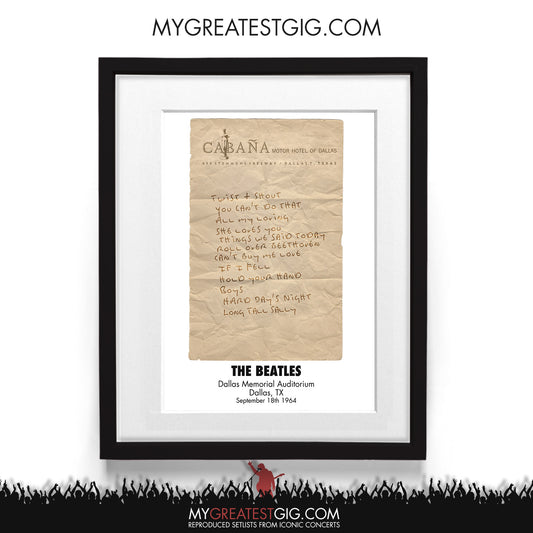 The Beatles - Dallas - Sep 18th 1964 Recreated Setlist Poster