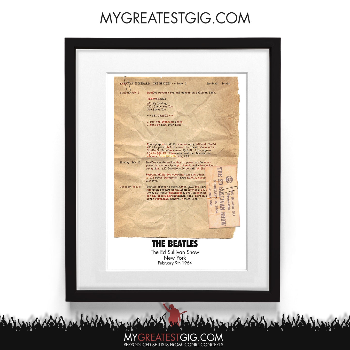 The Beatles - Ed Sullivan - Feb 9th 1964 Recreated Setlist Poster