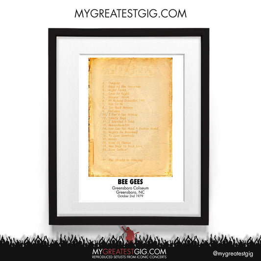 Bee Gees - Greensboro - Oct 2nd 1979 Recreated Setlist Poster