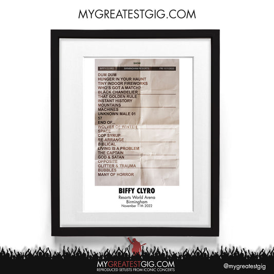Biffy Clyro - Birmingham - Nov 11th 2022 Recreated Setlist Poster