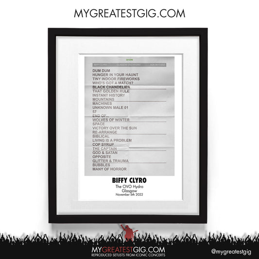 Biffy Clyro - Glasgow - Nov 6th 2022 Recreated Setlist Poster