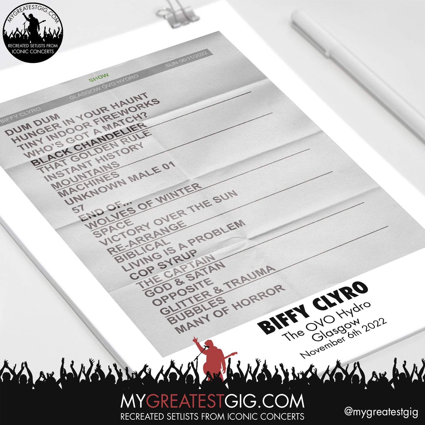 Biffy Clyro - Glasgow - Nov 6th 2022 Recreated Setlist Poster
