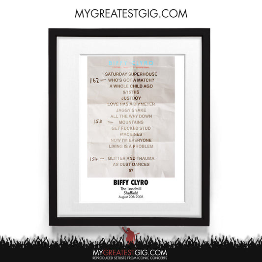 Biffy Clyro - The Leadmill - Sheffield - Aug 20th 2008 Recreated Setlist Poster