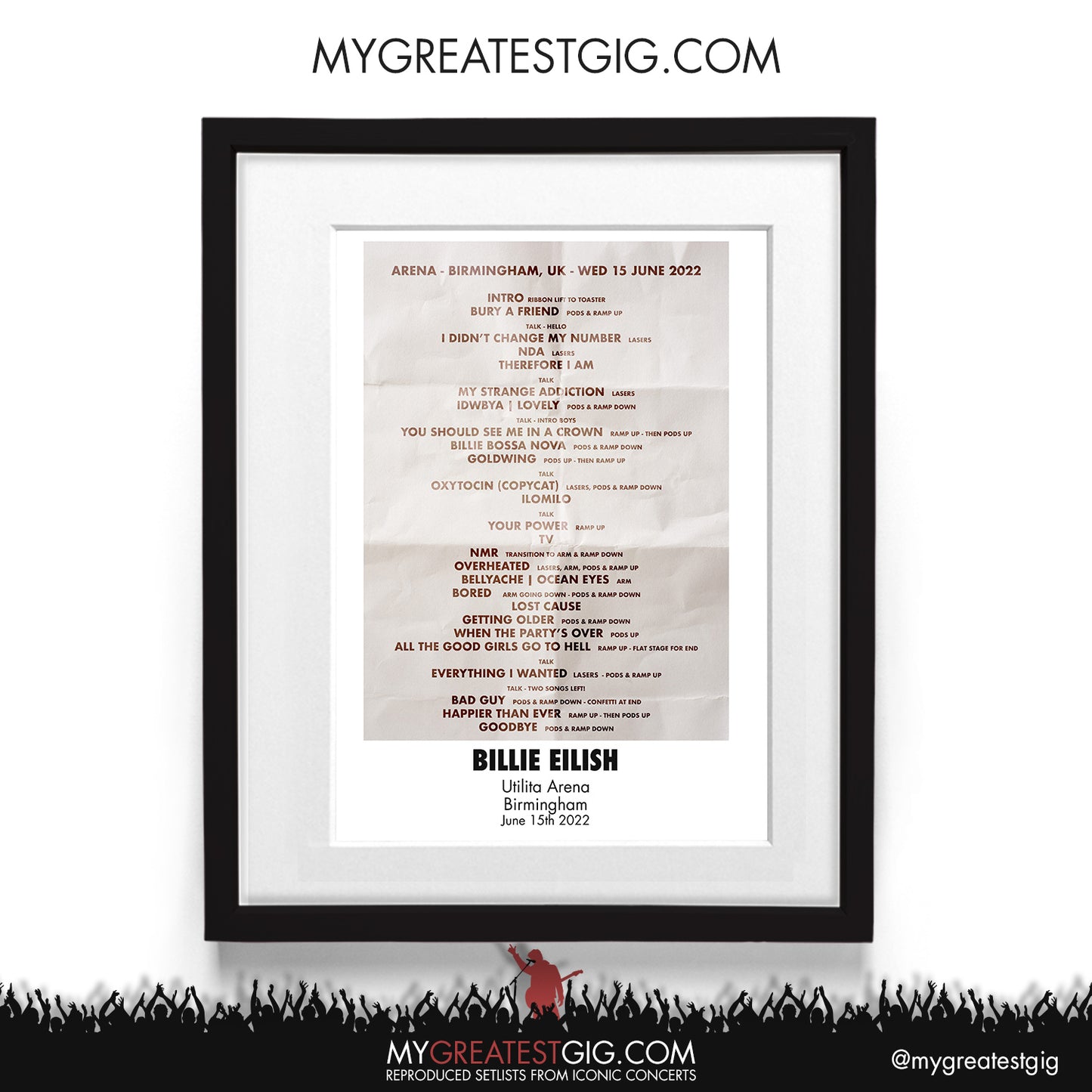 Billie Eilish - Birmingham - Jun 15th 2022 Recreated Setlist Poster