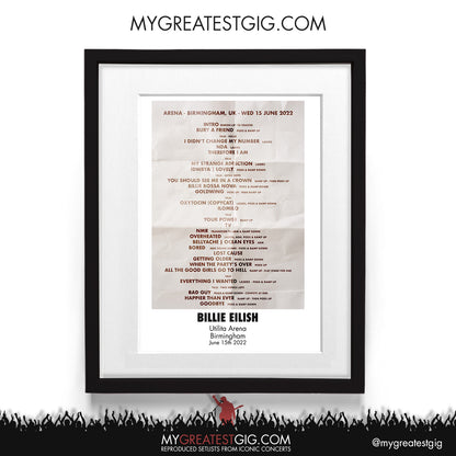 Billie Eilish - Birmingham - Jun 15th 2022 Recreated Setlist Poster