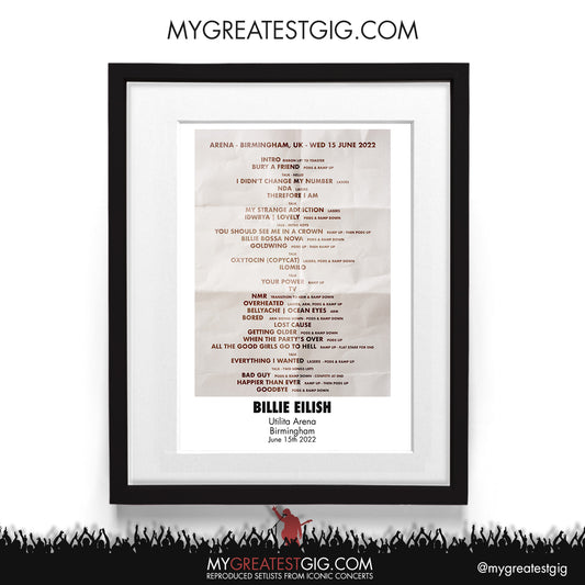 Billie Eilish - Birmingham - Jun 15th 2022 Recreated Setlist Poster