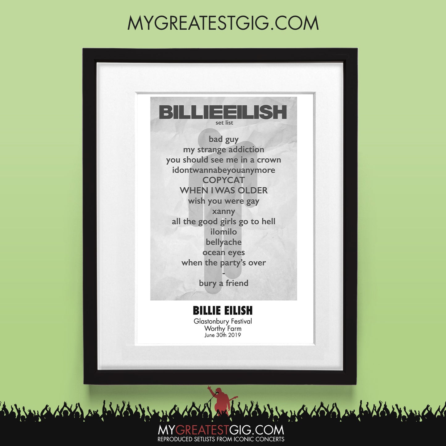 Billie Eilish - Glastonbury Festival - Jun 30th 2019 Recreated Set List Poster & Illustration Bundle