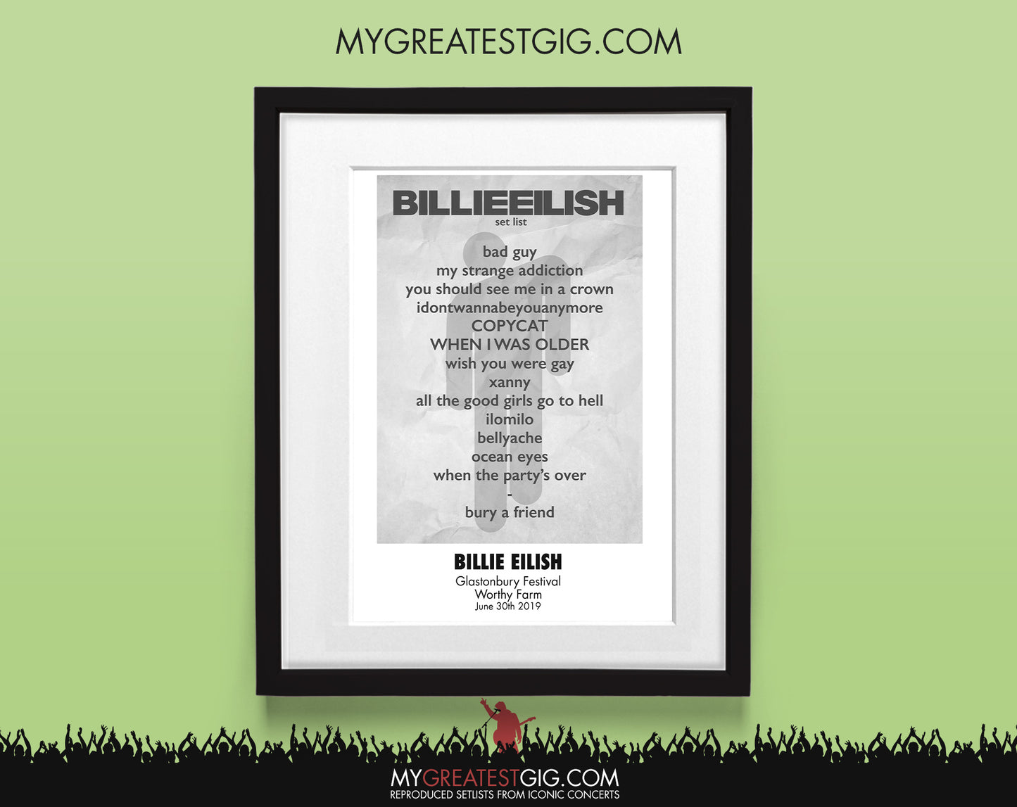 Billie Eilish - Glastonbury Festival - Jun 30th 2019 Recreated Setlist Poster