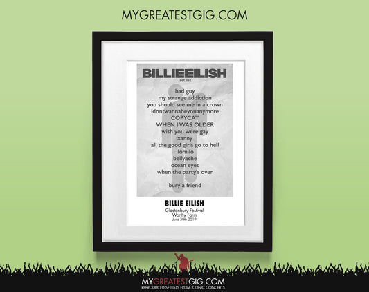 Billie Eilish - Glastonbury Festival - Jun 30th 2019 Recreated Setlist Poster