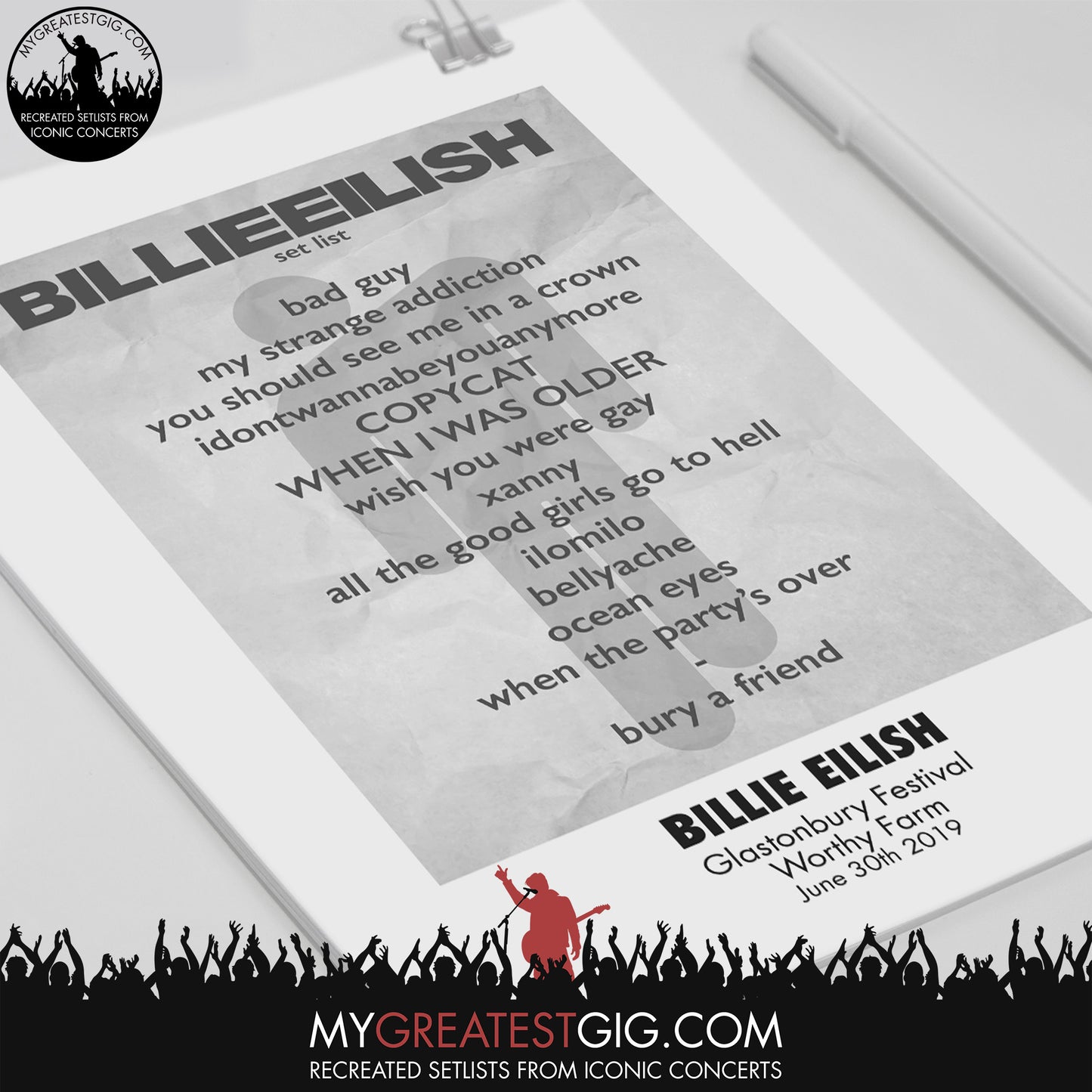 Billie Eilish - Glastonbury Festival - Jun 30th 2019 Recreated Set List Poster & Illustration Bundle