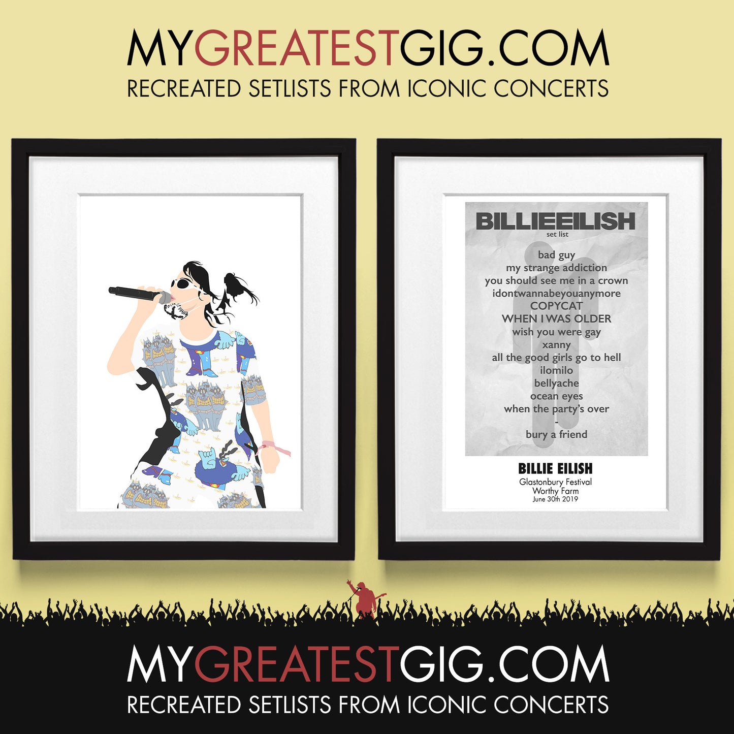 Billie Eilish - Glastonbury Festival - Jun 30th 2019 Recreated Set List Poster & Illustration Bundle