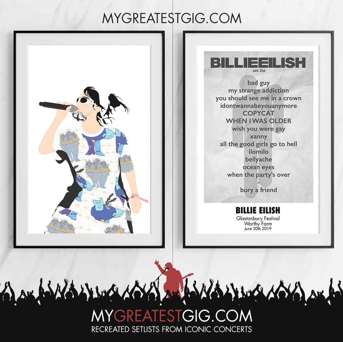 Billie Eilish - Glastonbury Festival - Jun 30th 2019 Recreated Set List Poster & Illustration Bundle