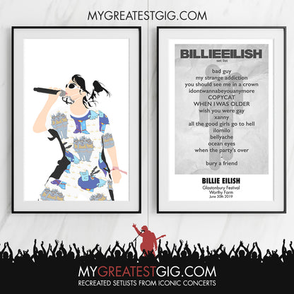 Billie Eilish - Glastonbury Festival - Jun 30th 2019 Recreated Set List Poster & Illustration Bundle