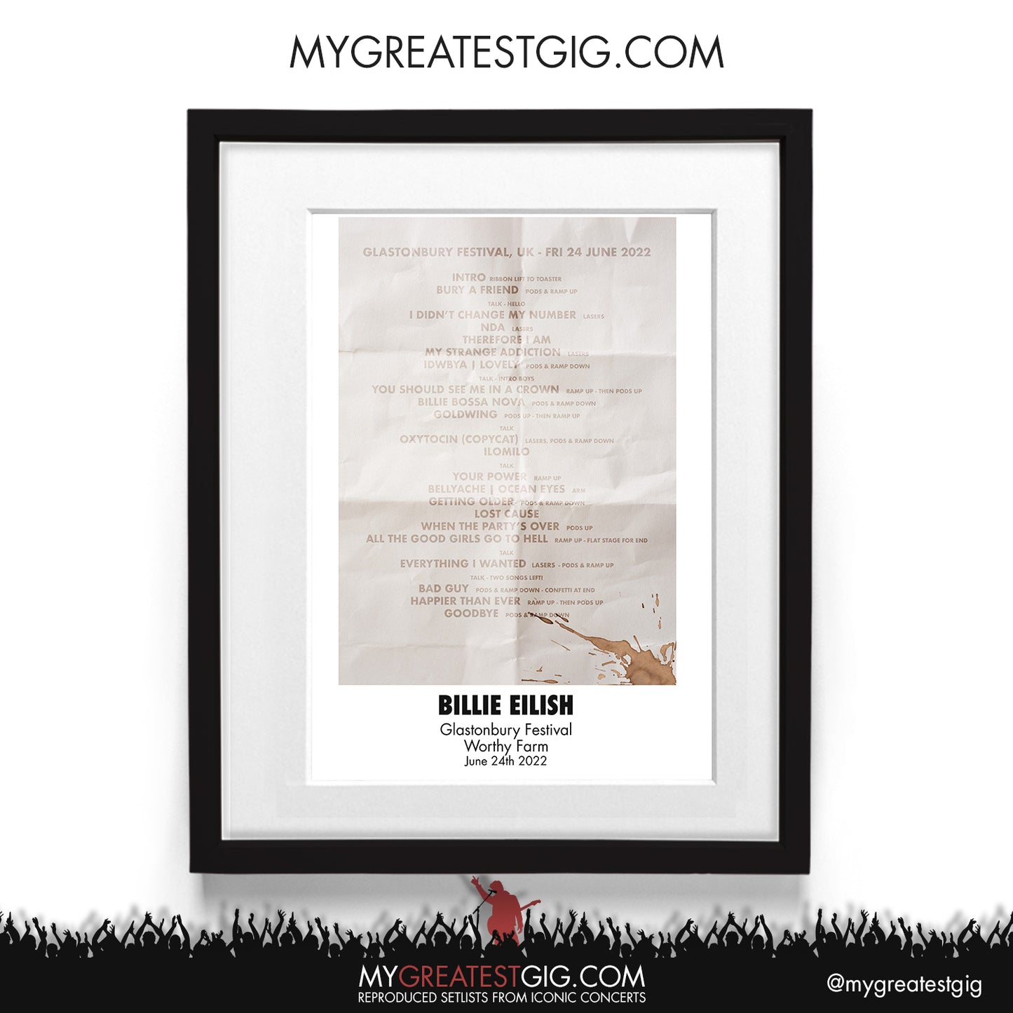 Billie Eilish - Glastonbury Festival - Jun 24th 2022 Recreated Setlist Poster
