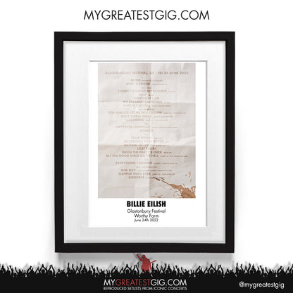 Billie Eilish - Glastonbury Festival - Jun 24th 2022 Recreated Setlist Poster