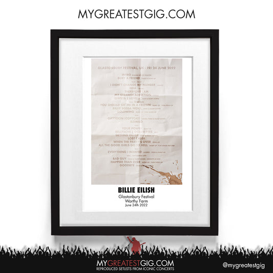Billie Eilish - Glastonbury Festival - Jun 24th 2022 Recreated Setlist Poster