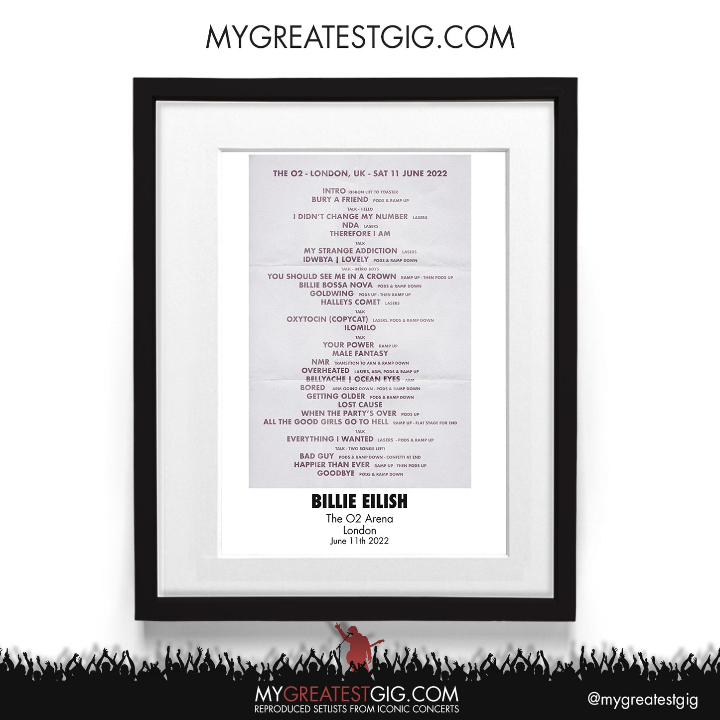 Billie Eilish - London - Jun 11th 2022 Recreated Setlist Poster