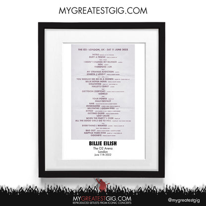Billie Eilish - London - Jun 11th 2022 Recreated Setlist Poster