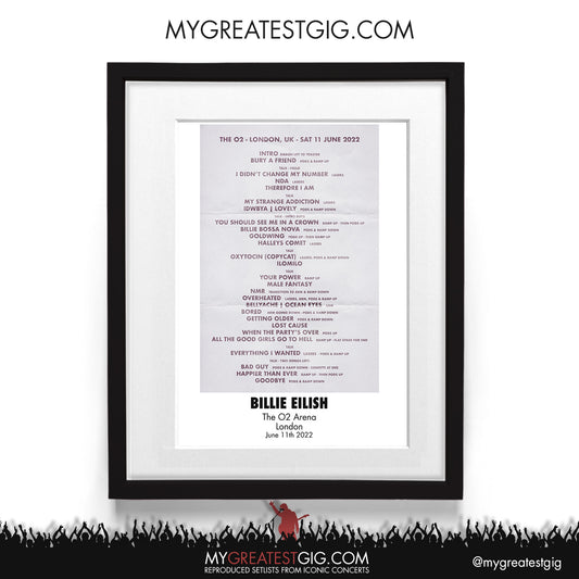 Billie Eilish - London - Jun 11th 2022 Recreated Setlist Poster