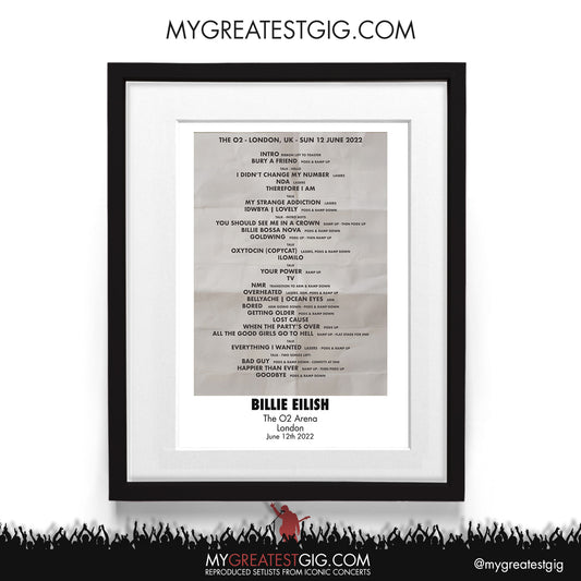 Billie Eilish - London - Jun 12th 2022 Recreated Setlist Poster