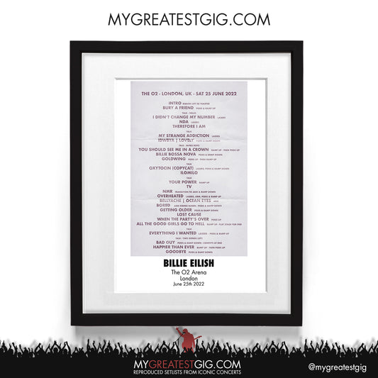Billie Eilish - London - Jun 25th 2022 Recreated Setlist Poster