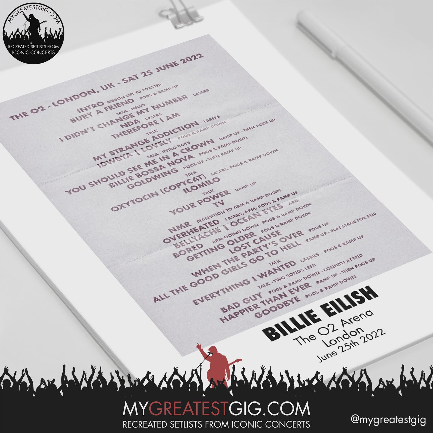 Billie Eilish - London - Jun 25th 2022 Recreated Setlist Poster