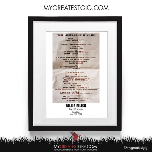 Billie Eilish - London - Jun 26th 2022 Recreated Setlist Poster