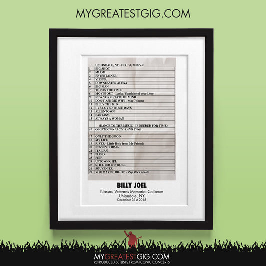 Billy Joel - Nassau - Dec 31st 2018 Recreated Set List Poster
