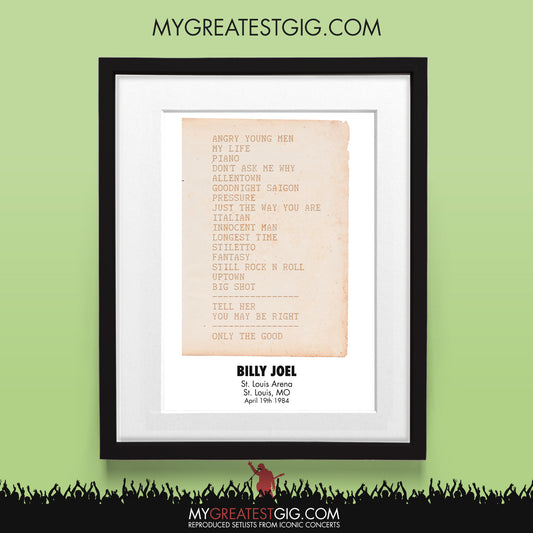 Billy Joel - St. Louis - Apr 19th 1984 Recreated Set List Poster