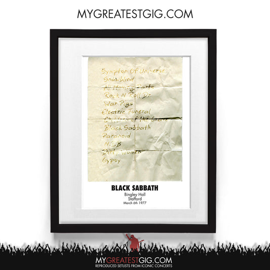 Black Sabbath - Stafford - March 6th 1977 Recreated Set List Poster