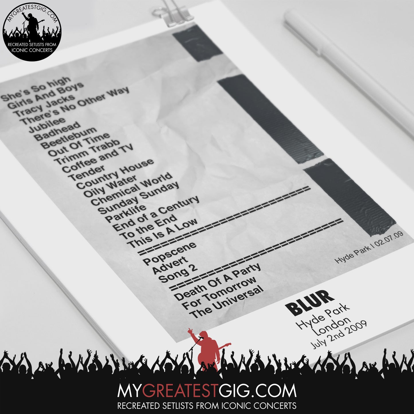 Blur - Hyde Park - Jul 2nd 2009 Recreated Set List Poster
