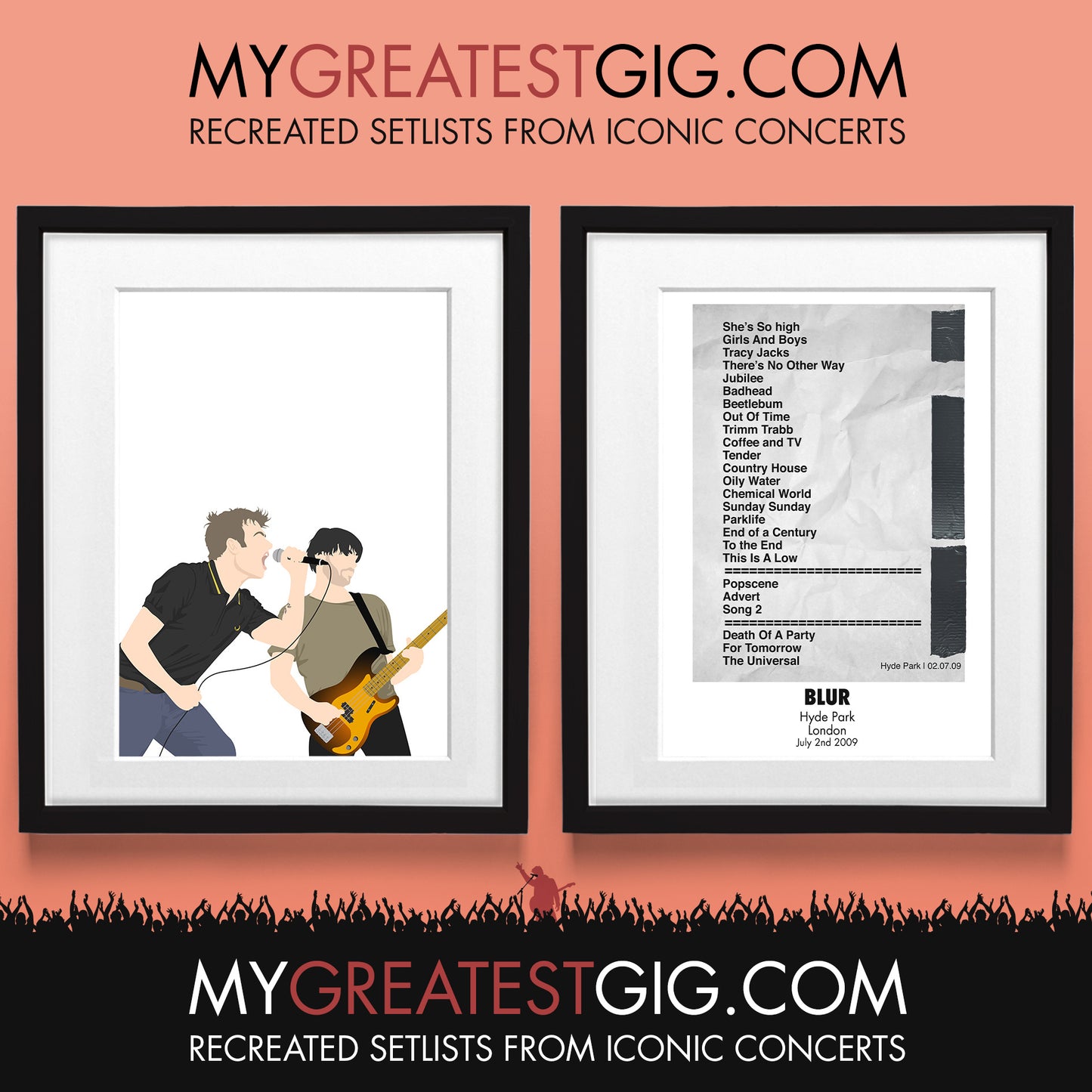 Blur - Hyde Park - Jul 2nd 2009 Recreated Set List Poster & Illustration Bundle