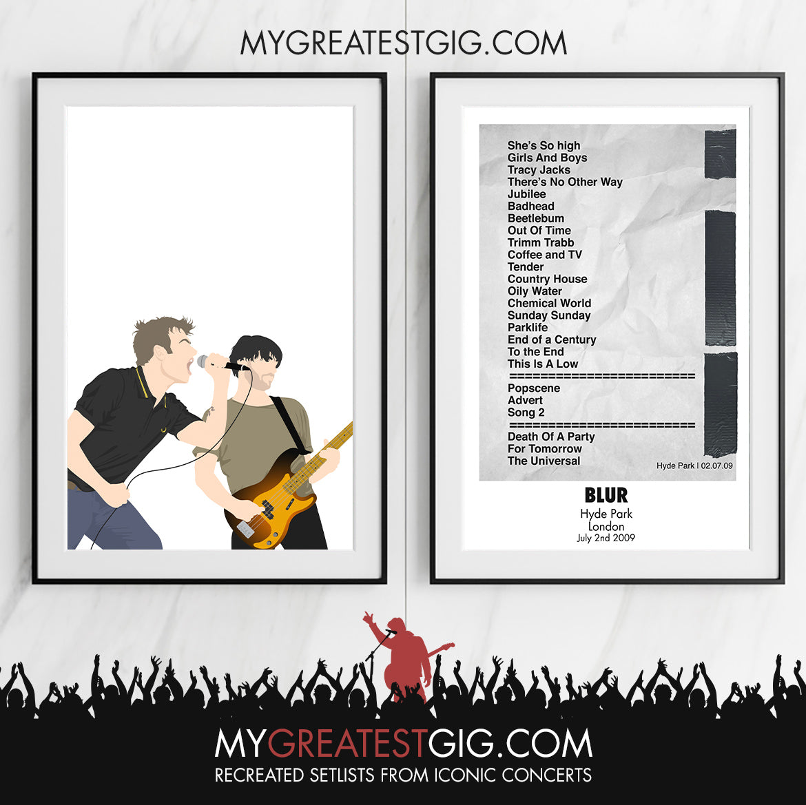 Blur - Hyde Park - Jul 2nd 2009 Recreated Set List Poster & Illustration Bundle