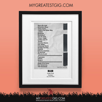 Blur - Hyde Park - Jul 2nd 2009 Recreated Set List Poster & Illustration Bundle