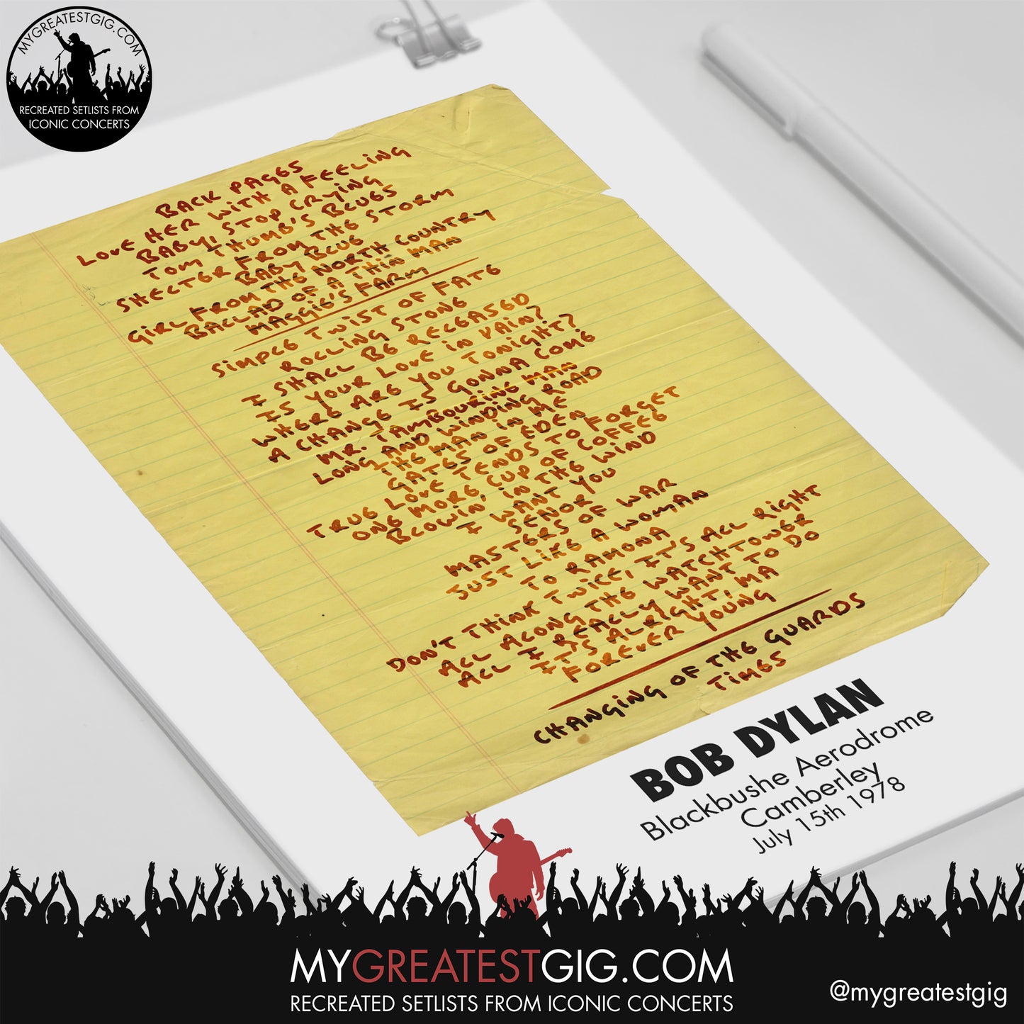 Bob Dylan - Camberley - July 15th 1978 Recreated Setlist Poster