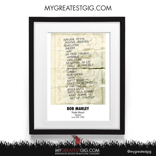 Bob Marley - Toulon - Jun 26th 1980 Recreated Setlist Poster