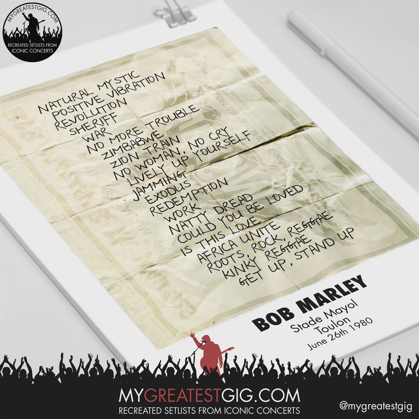 Bob Marley - Toulon - Jun 26th 1980 Recreated Setlist Poster