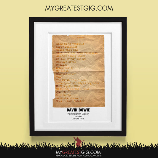 David Bowie - Hammersmith - Jul 3rd 1973 Recreated Set List Poster