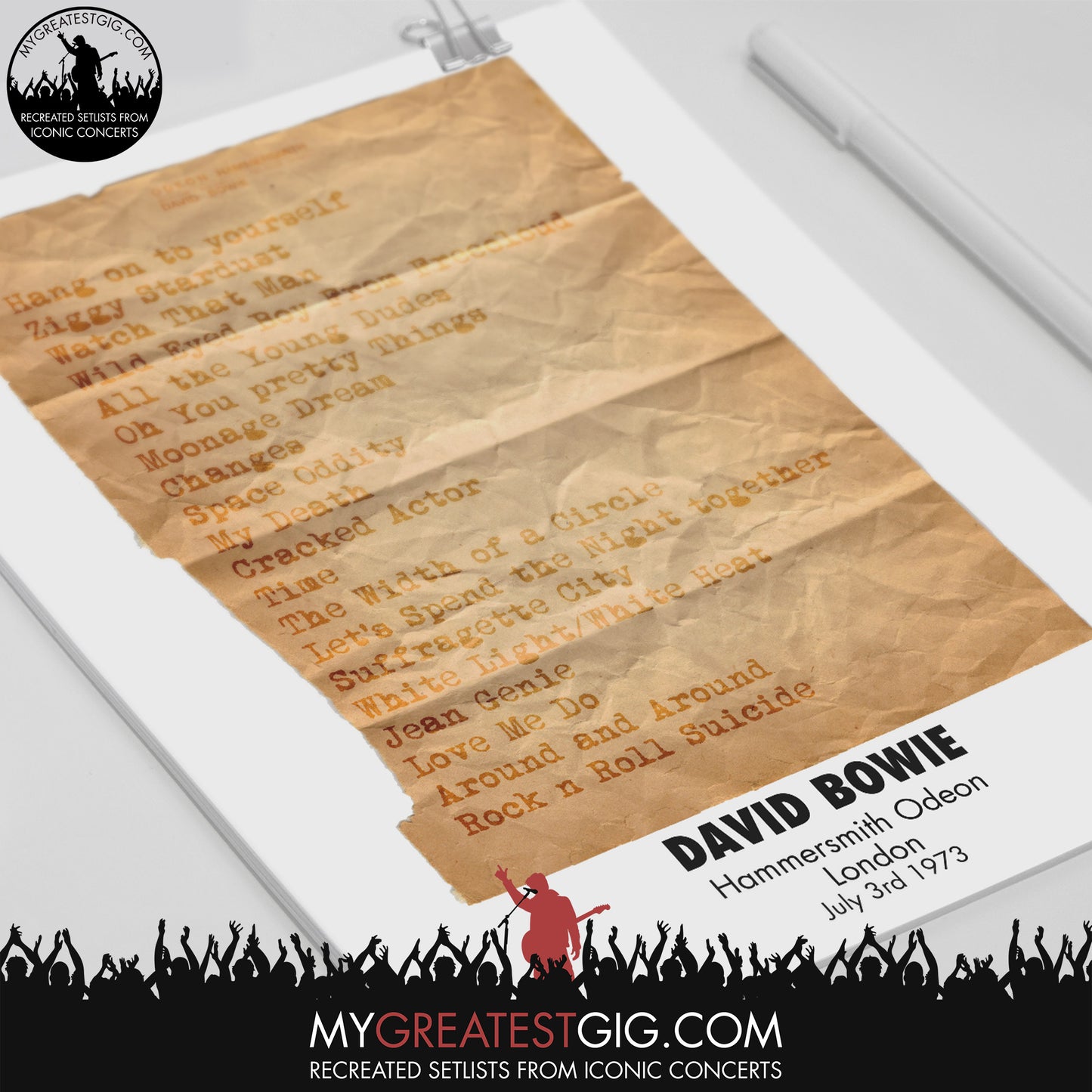 David Bowie - Hammersmith - Jul 3rd 1973 Recreated Set List Poster