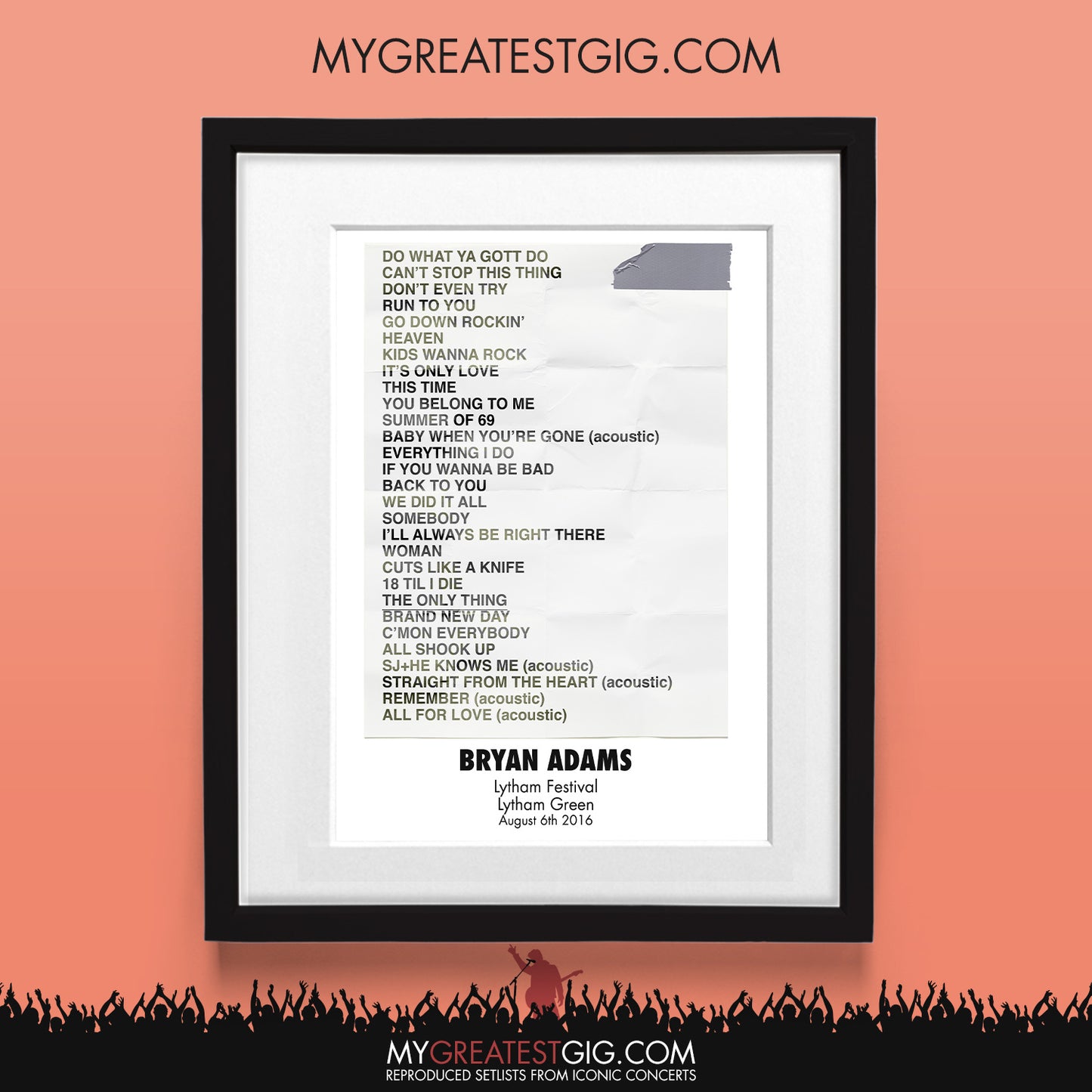 Bryan Adams - Lytham Festival - Aug 6th 2016 Recreated Set List Poster