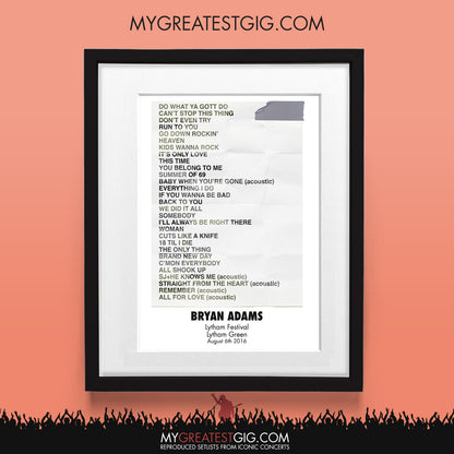 Bryan Adams - Lytham Festival - Aug 6th 2016 Recreated Set List Poster