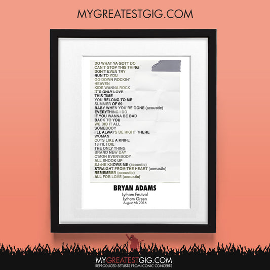 Bryan Adams - Lytham Festival - Aug 6th 2016 Recreated Set List Poster