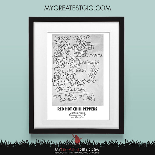 Red Hot Chili Peppers - Birmingham - Dec 11th 2016 Recreated Set List Poster