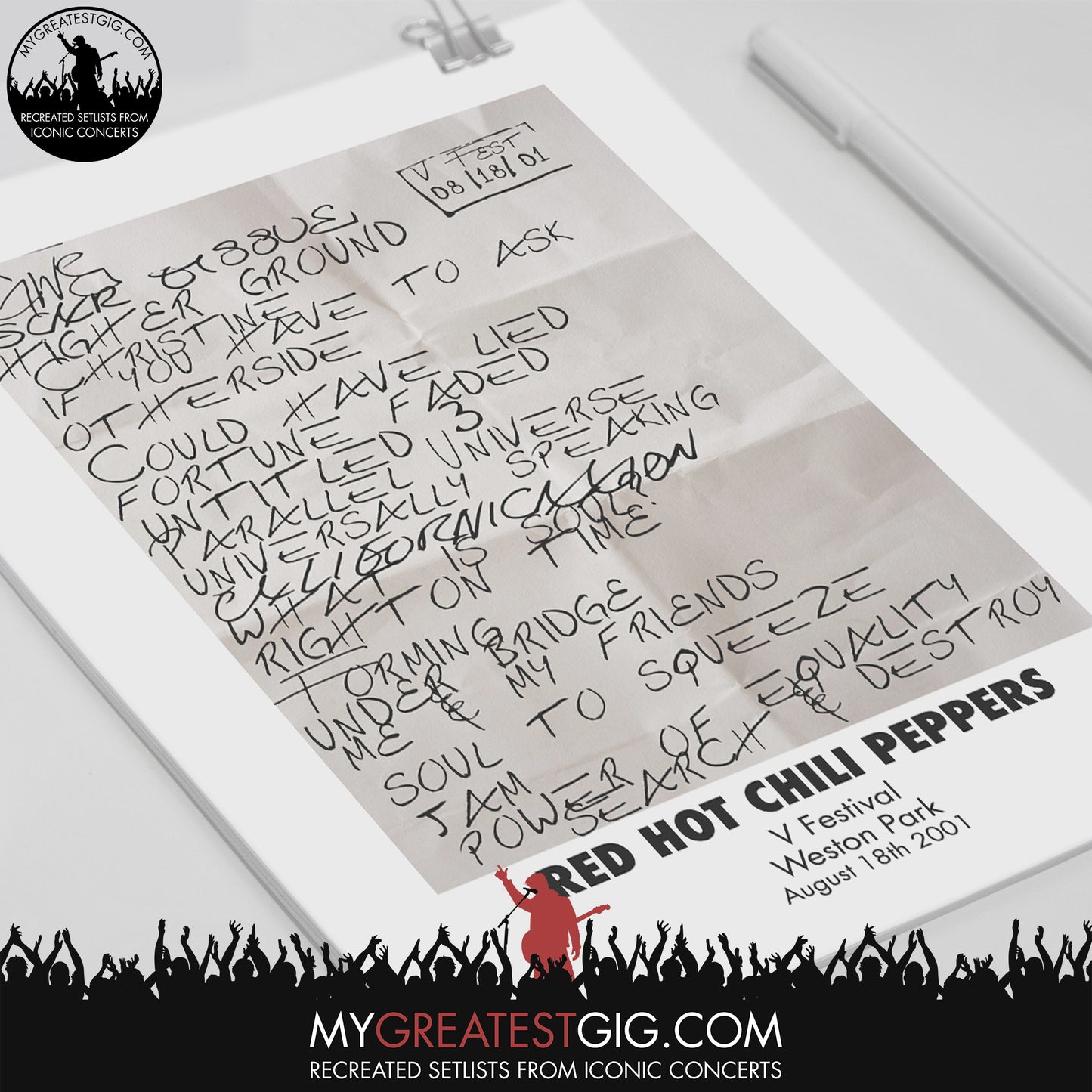 Red Hot Chili Peppers - V Festival - Aug 18th 2001 Recreated Set List Poster