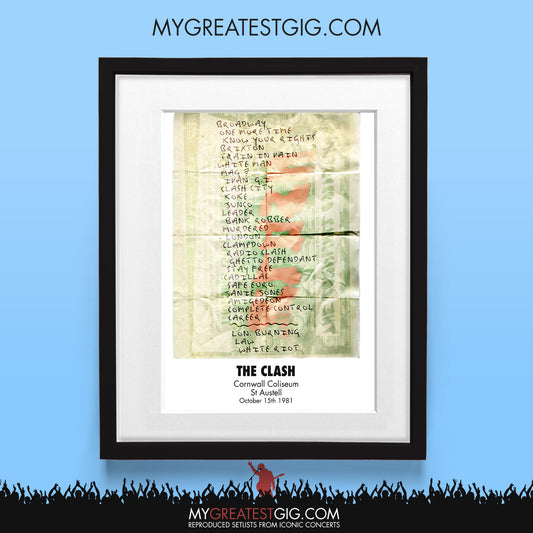 The Clash - Cornwall - Oct 15th 1981 Recreated Setlist Poster