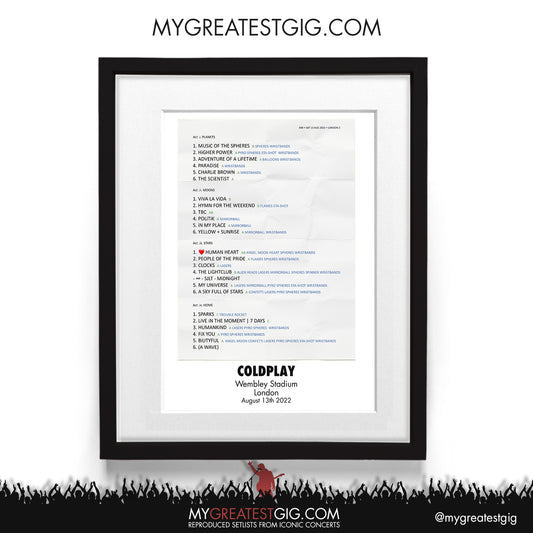 Coldplay - London - Aug 13th 2022 Recreated Setlist Poster