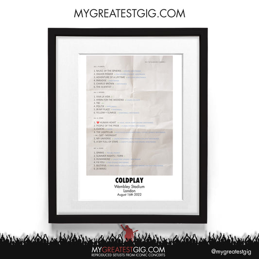 Coldplay - London - Aug 16th 2022 Recreated Setlist Poster